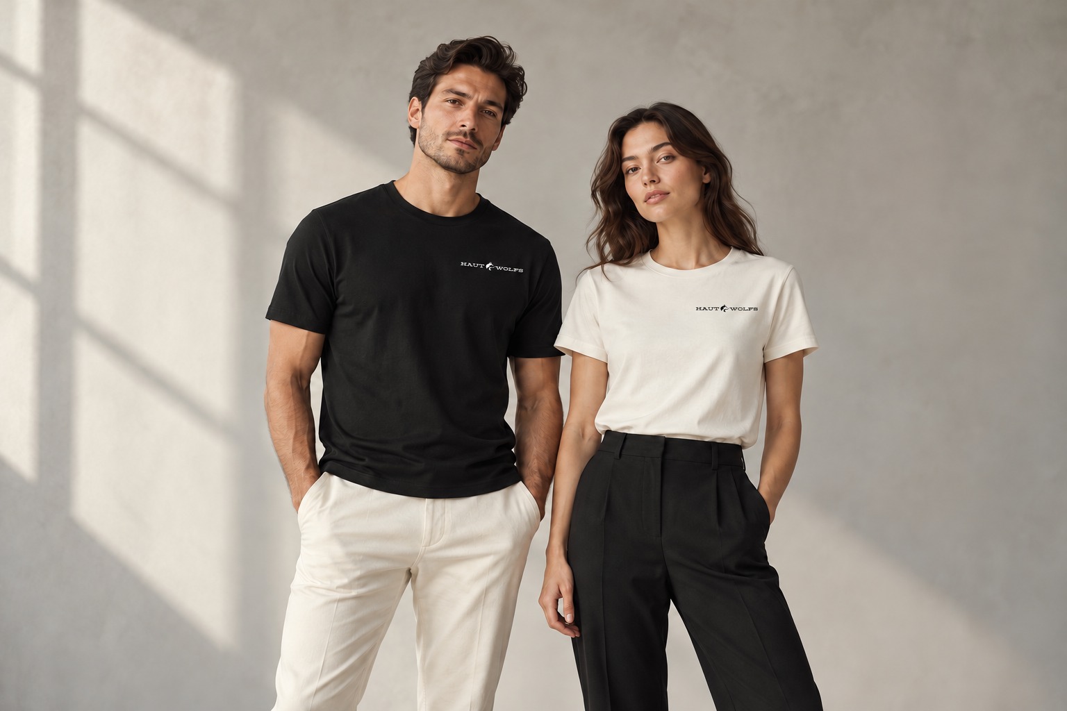 Campaña HAUTWOLFS: modelos con camisetas negra y blanca, ambas con un logo pequeño en el pecho izquierdo